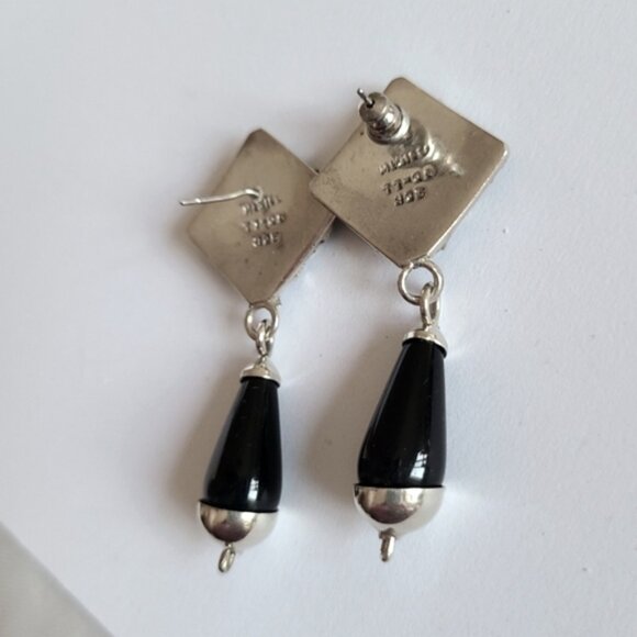 Vintage Taxco Sterling Silver Western Chunky Black Onyx Drop Dangle Earrings - Picture 8 of 10